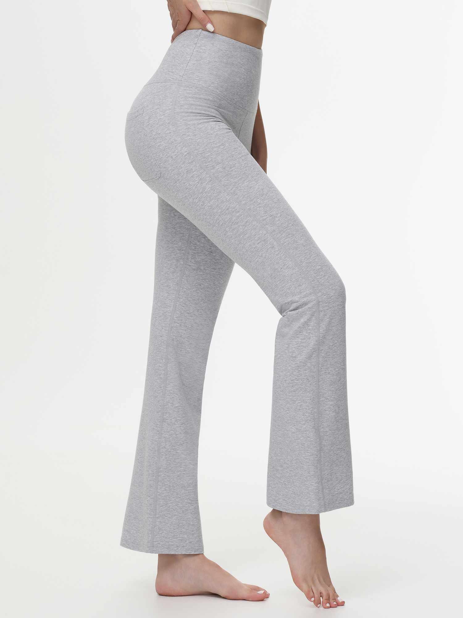 Damen High Waist Schlaghose Bauchkontrolle Freizeithose Baumwolle Sporthose lang Yoga Pants mit Taschen Regulär