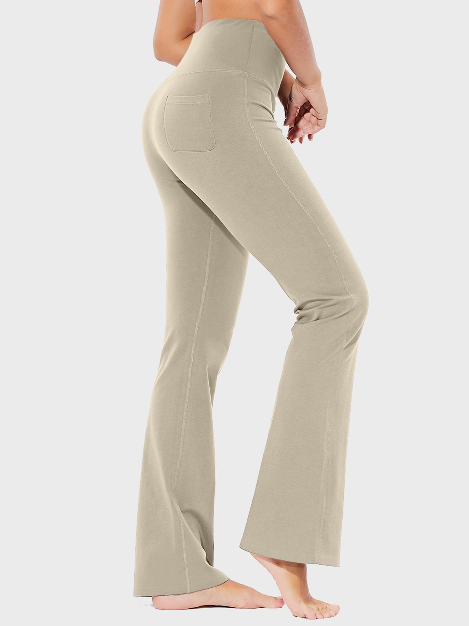 Damen High Waist Schlaghose Bauchkontrolle Freizeithose Baumwolle Sporthose lang Yoga Pants mit Taschen Regulär