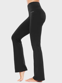 Damen High Waist Schlaghose Bauchkontrolle Freizeithose Baumwolle Sporthose lang Yoga Pants mit Taschen Regulär