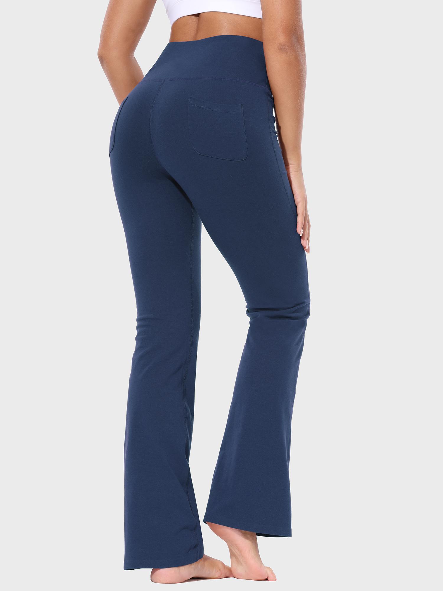 Damen High Waist Schlaghose Bauchkontrolle Freizeithose Baumwolle Sporthose lang Yoga Pants mit Taschen Regulär