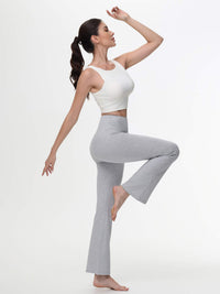 Damen High Waist Schlaghose Bauchkontrolle Freizeithose Baumwolle Sporthose lang Yoga Pants mit Taschen Regulär