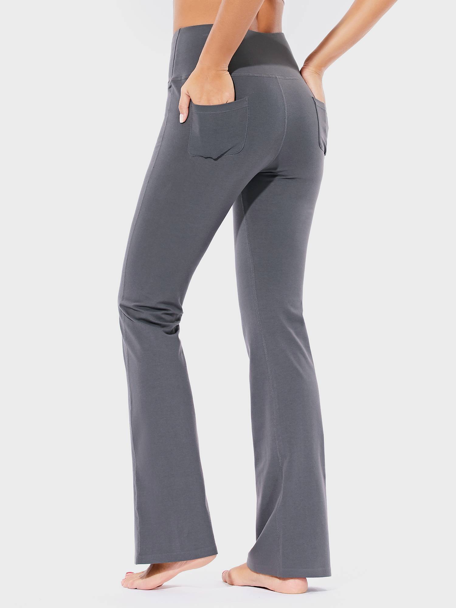 Damen High Waist Schlaghose Bauchkontrolle Freizeithose Baumwolle Sporthose lang Yoga Pants mit Taschen Regulär