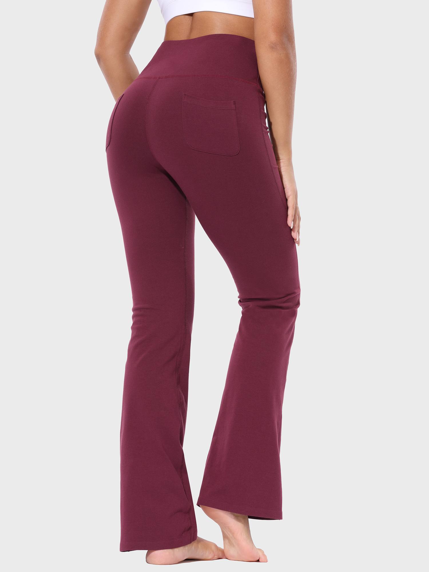 Damen High Waist Schlaghose Bauchkontrolle Freizeithose Baumwolle Sporthose lang Yoga Pants mit Taschen Regulär