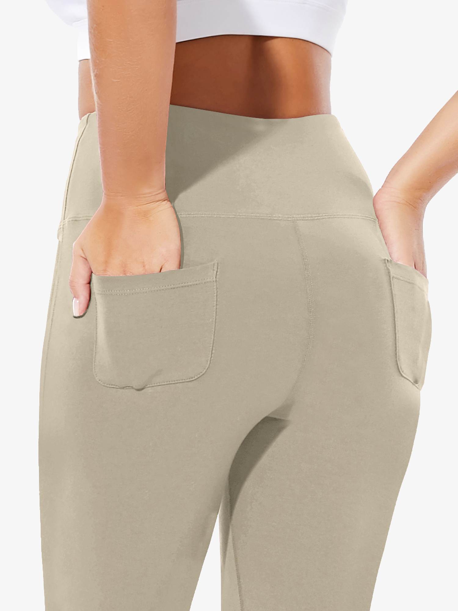 Damen High Waist Schlaghose Bauchkontrolle Freizeithose Baumwolle Sporthose lang Yoga Pants mit Taschen Regulär