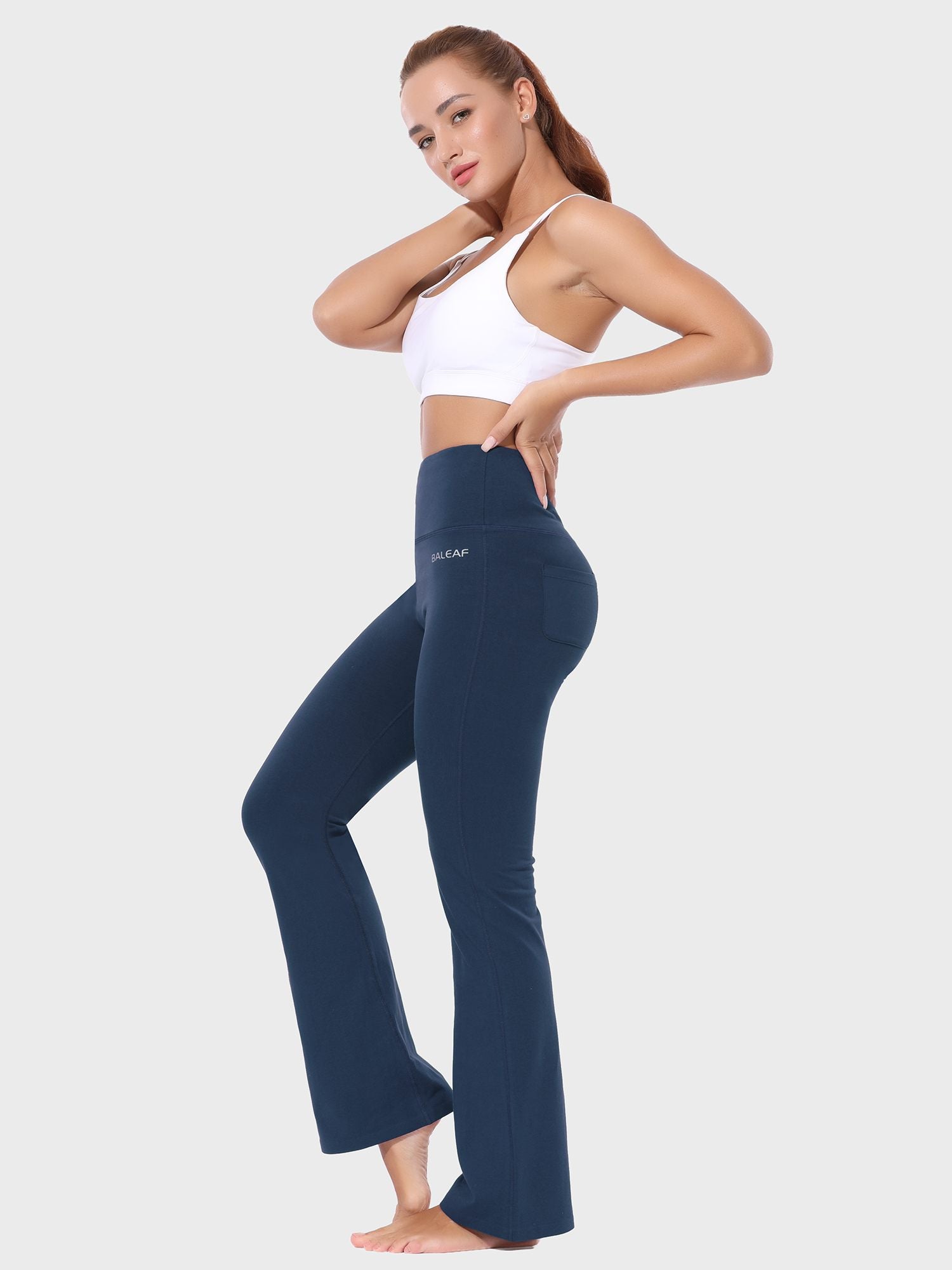 Damen High Waist Schlaghose Bauchkontrolle Freizeithose Baumwolle Sporthose lang Yoga Pants mit Taschen Regulär