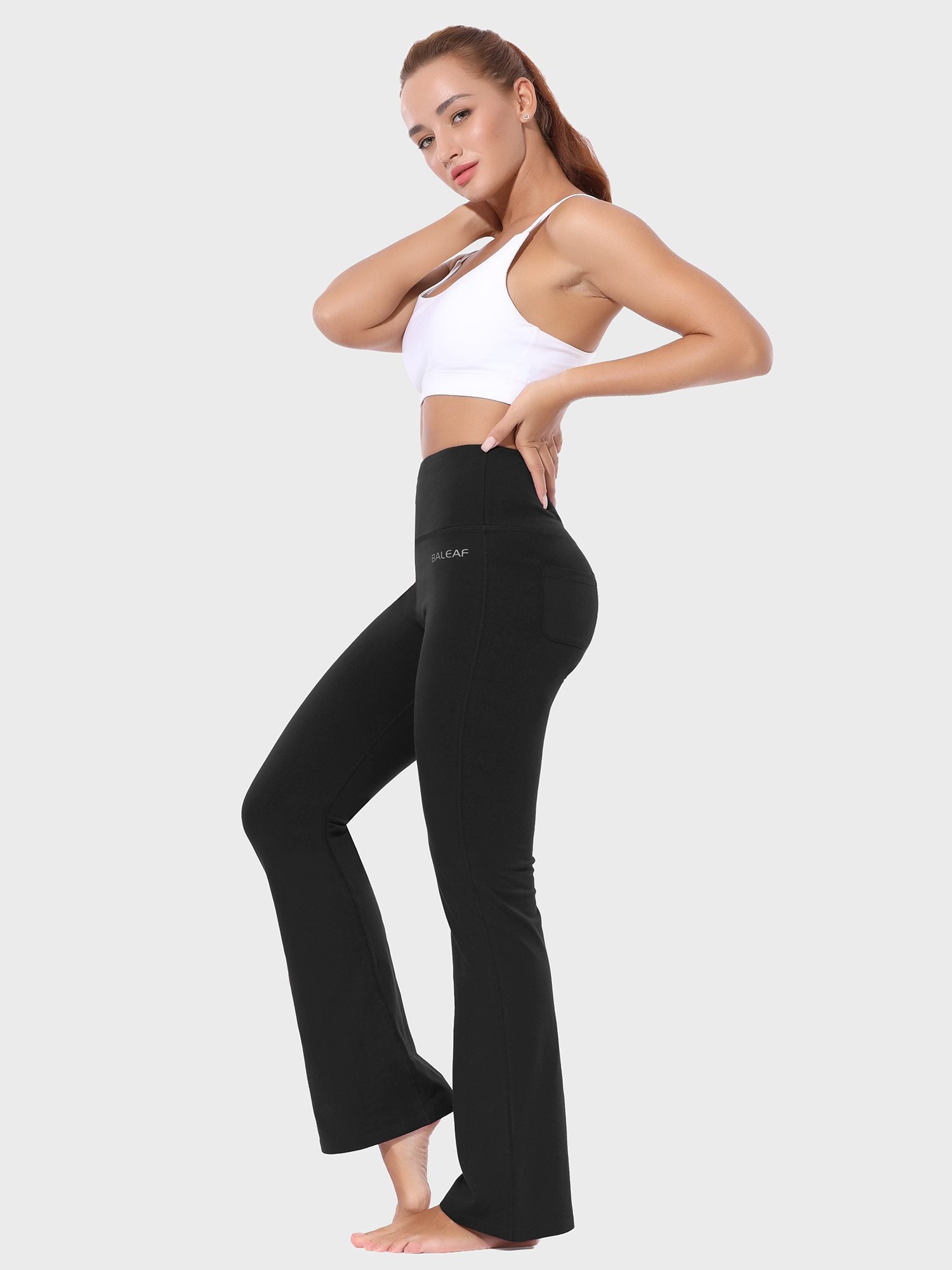 Damen High Waist Schlaghose Bauchkontrolle Freizeithose Baumwolle Sporthose lang Yoga Pants mit Taschen Regulär