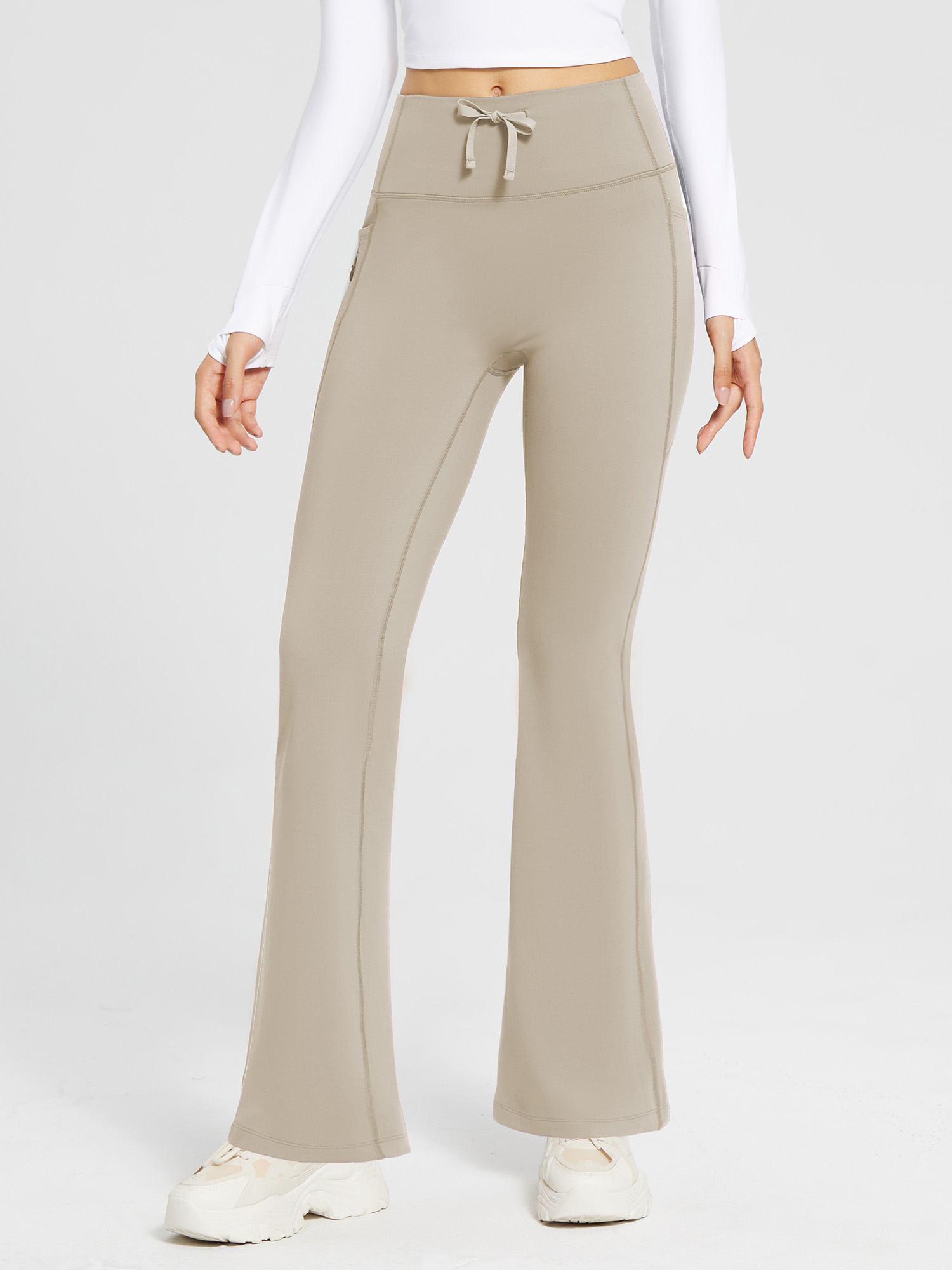 Damen Thermo Yogahose High Waist Flared Leggings Winter Fleece gefütterte Thermohose Drawstring Thermal Leggings