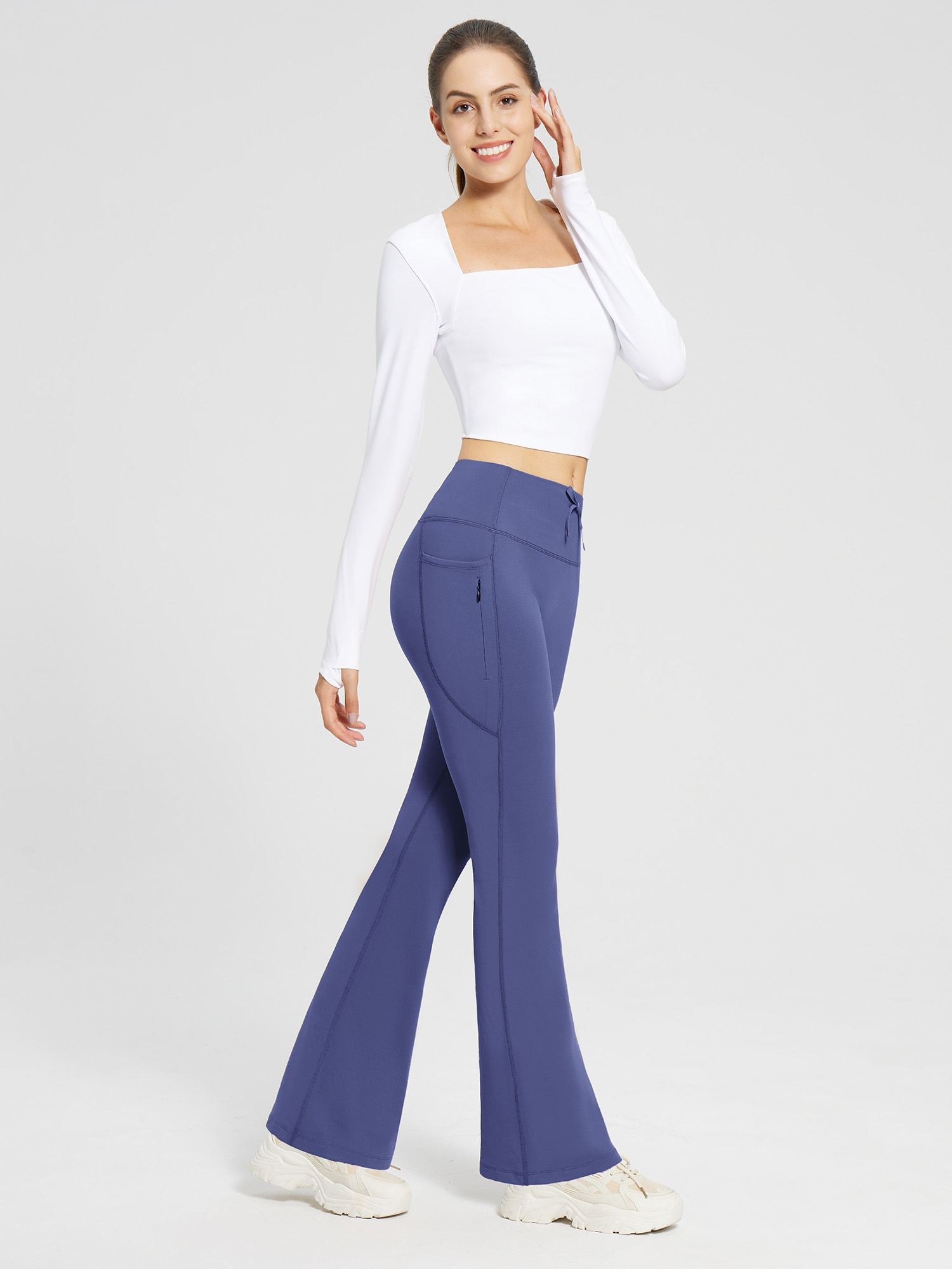 Damen Thermo Yogahose High Waist Flared Leggings Winter Fleece gefütterte Thermohose Drawstring Thermal Leggings