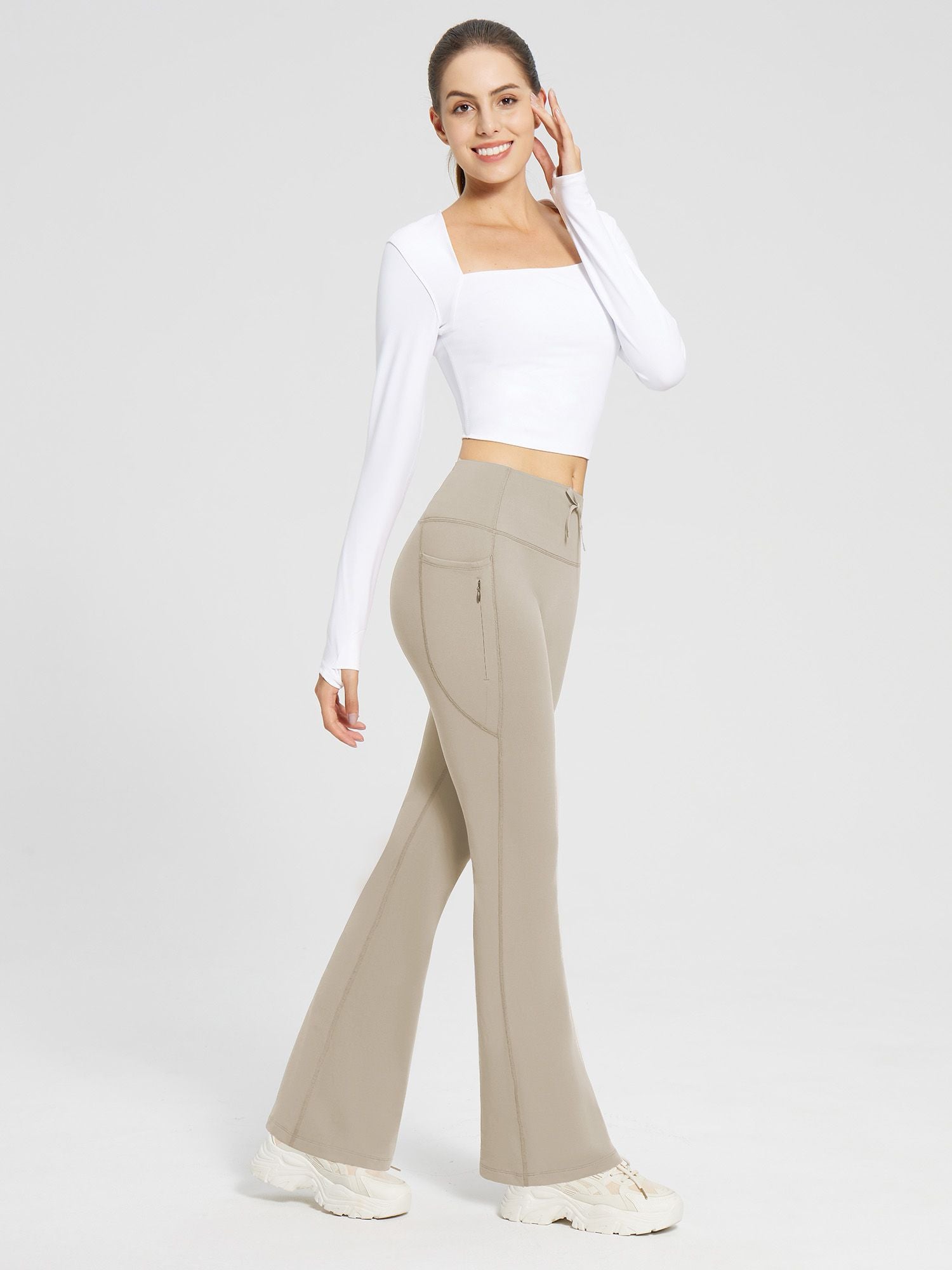 Damen Thermo Yogahose High Waist Flared Leggings Winter Fleece gefütterte Thermohose Drawstring Thermal Leggings