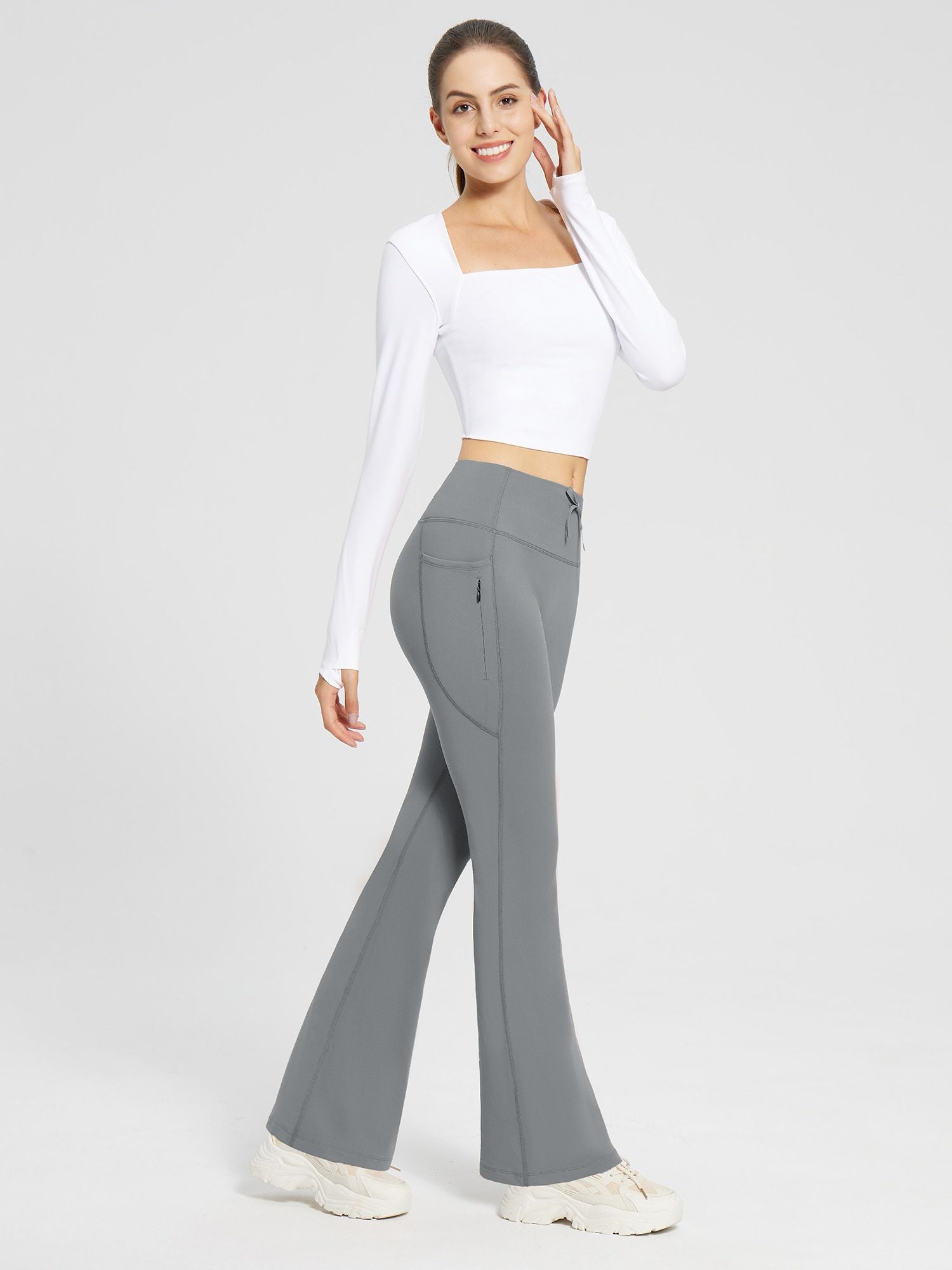 Damen Thermo Yogahose High Waist Flared Leggings Winter Fleece gefütterte Thermohose Drawstring Thermal Leggings