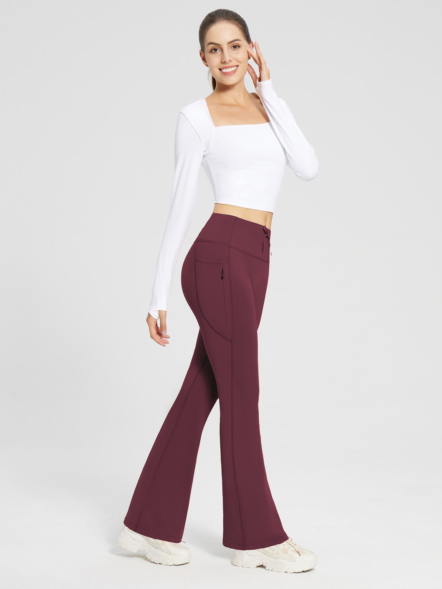 Damen Thermo Yogahose High Waist Flared Leggings Winter Fleece gefütterte Thermohose Drawstring Thermal Leggings