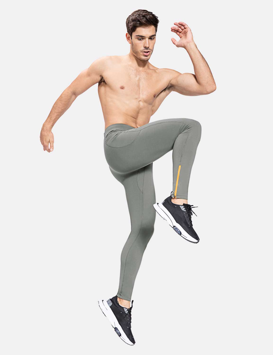 Herren Winter Kompressionshose Lang Wasserabweisend Thermo Laufhose Lauftights Sporthose mit Reißverschlusstasche