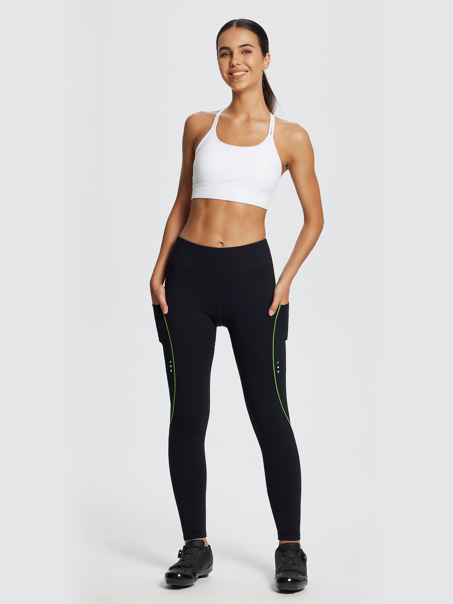 Damen Winter Wasserdicht Thermo Radhose Damen Fleece Gefüttert Winddicht Fahrradhose Lang 4D Gepolstert mit Tasche