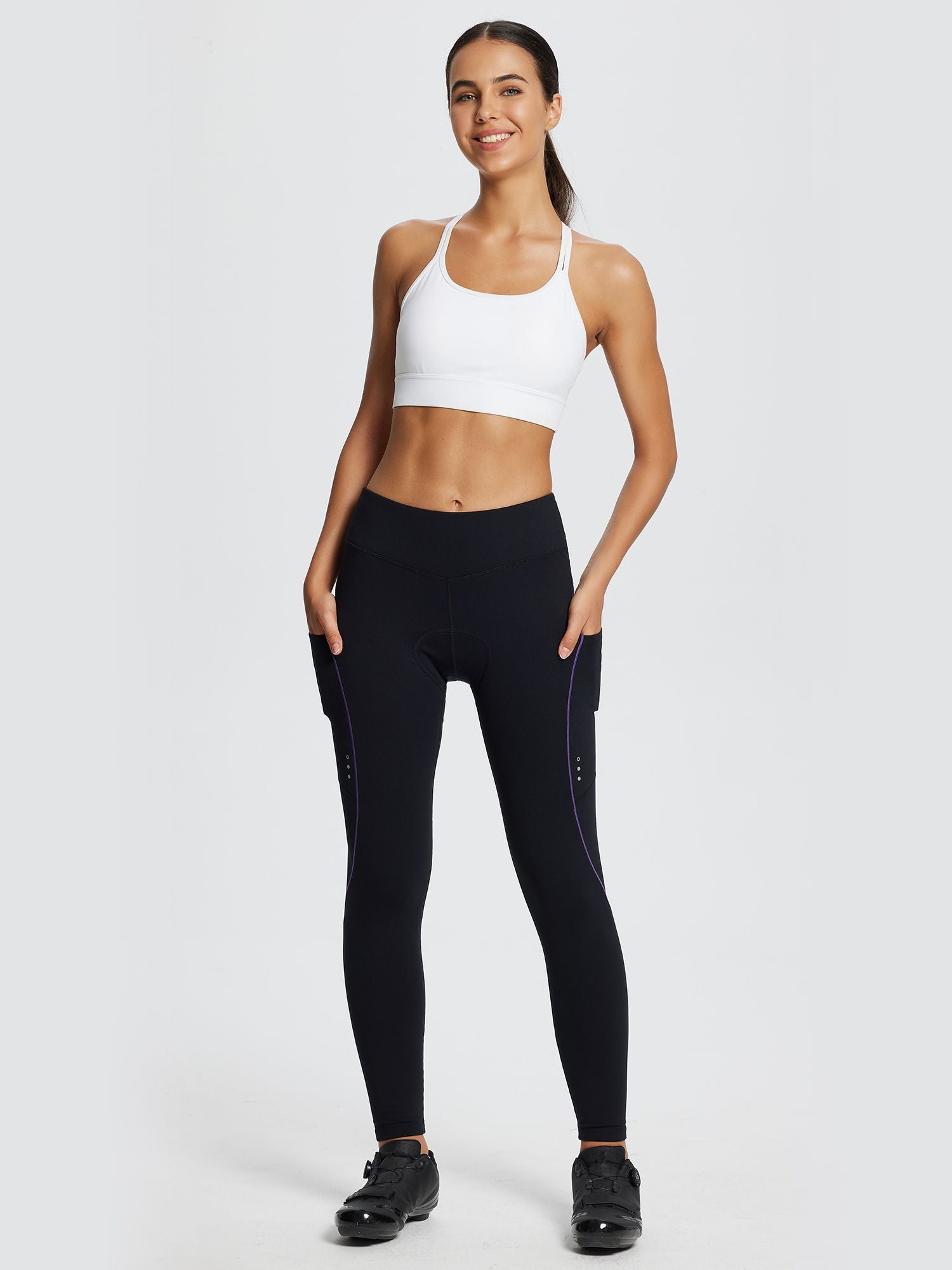 Damen Winter Wasserdicht Thermo Radhose Damen Fleece Gefüttert Winddicht Fahrradhose Lang 4D Gepolstert mit Tasche